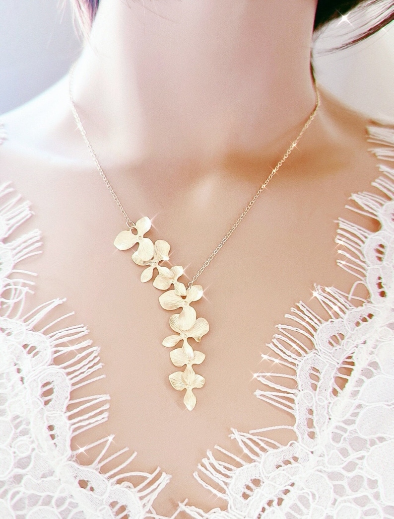 Orchid Flower ROSE GOLD Jewelry bridal necklace bridesmaid gift Unique wedding Jewelry Birthday gift Mom Jewelry Mothers day gift for mom image 2