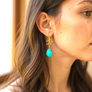 Turquoise Necklace: 14K Gold Jewelry turquoise Earrings, Leaf Bracelet, Family Tree necklaces Birthday gift image 8