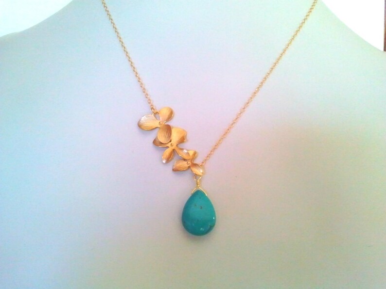 Turquoise Necklace Orchid Flower Statement Gold Necklace Best Handmade Jewelry gift for her Gift for mom Unique Bridesmaid Gift Wedding gift image 2