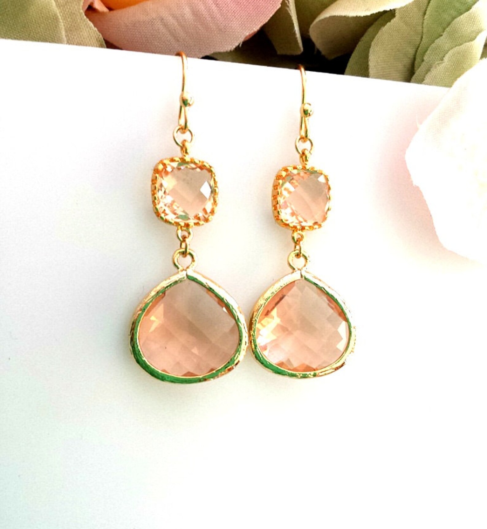 Peach Champagne Earrings Wedding Earrings Drop Peach Dangle Etsy