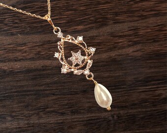 Victorian Pearl Necklace & Chandelier Earrings: Pink Crystal Bridal Jewelry Set