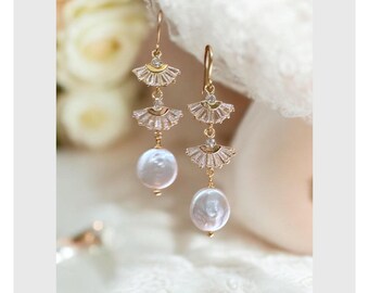 Pendientes de novia Art Déco con perlas de agua dulce: Joyas de boda con circonitas
