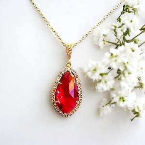 Ruby Glass Pendant Necklace: Gold Plated, Czech Stone, Bridal Jewelry
