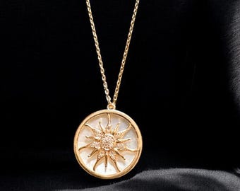 Sunburst Necklace: Mother of Pearl, Gold Sun Necklace, Celestial Jewelry