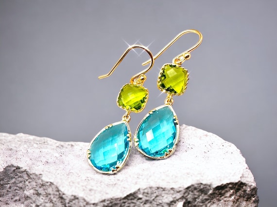 Blue Topaz and Peridot Dangle Earrings: Bridal Jewelry Gift