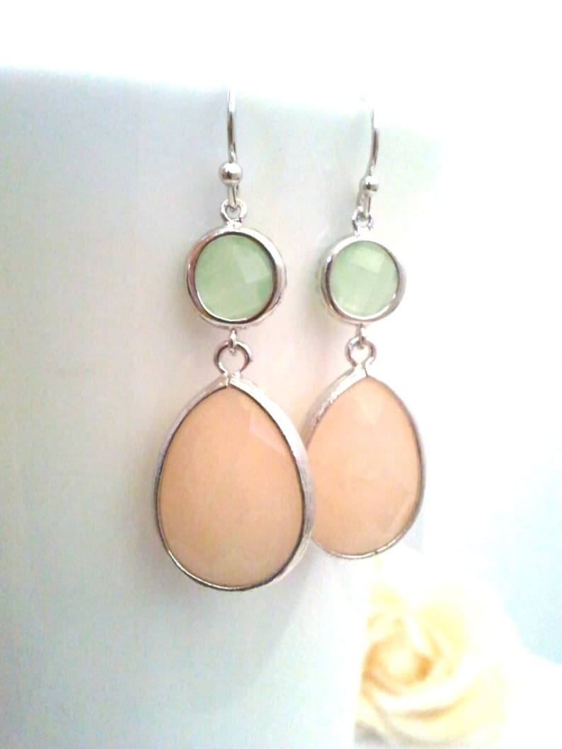 Peach Wedding Earrings Mint Green Drop Earrings Bridesmaid Etsy