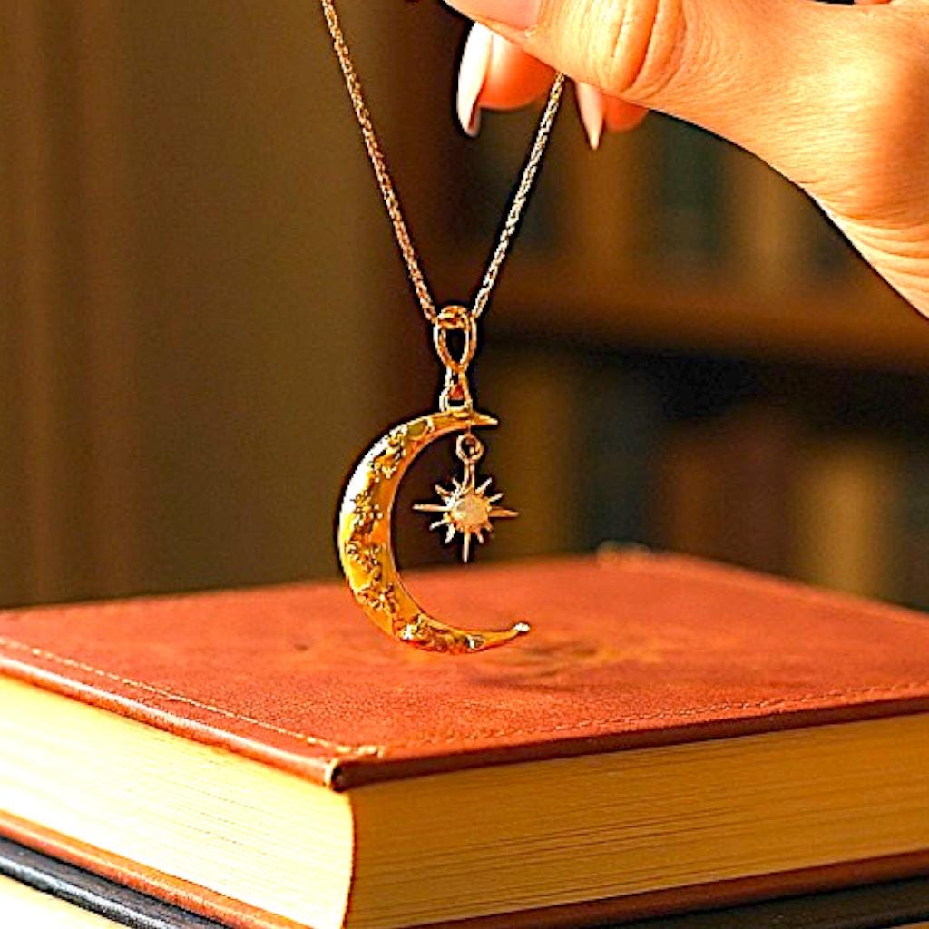 Moon and Star Necklaces 14K Gold Celestial Pendant Necklace Opal
