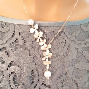 Rose Gold Orchid Necklace: Swarovski Pearl Floral Pendant