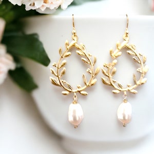 Gold Laurel Wreath Pearl Earrings: Swarovski Crystal Bridal Jewelry