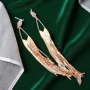 Gold Tassel earrings, Gold Leaf earrings, waterfall earrings, Long Chain Tassel earrings, Chain gold earrings, Gift for her