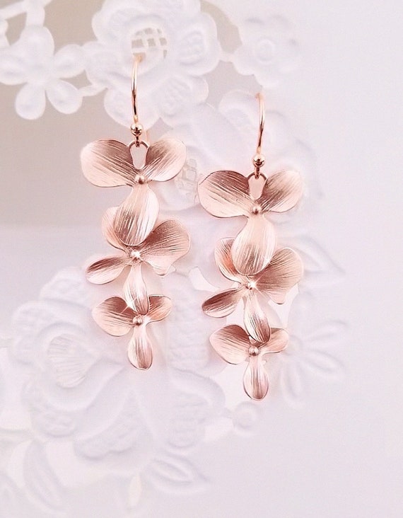 Rose Gold Orchid Earrings plumeria Earrings: hawaiian Wedding Necklace Bridal Jewelry gift
