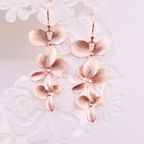 Rose Gold Orchid Earrings plumeria Earrings: hawaiian Wedding Necklace Bridal Jewelry gift