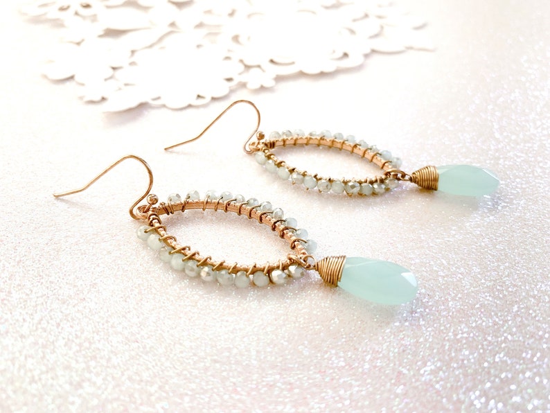 Aqua Blue Chandelier Earrings, Vintage Light Blue Dangle Earrings,Spring gold earrings, Summer beach earrings image 3