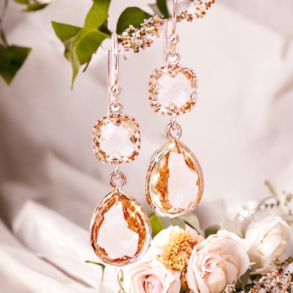 Rose Gold Earrings Champagne Earrings Bridal Earrings Wedding Earrings Bridesmaid Earrings Bridesmaid Gift Wedding jewelry gift for Her