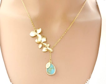 Aquamarine Necklace Orchid necklace Personalized Gift for her Gold Flower Necklace Birthday Gift Handmade Jewely Mother's Day gift for mom