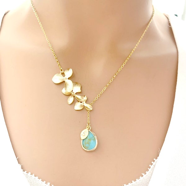 Aquamarine Necklace Orchid necklace Personalized Gift for her Gold Flower Necklace Birthday Gift Handmade Jewely Mother's Day gift for mom