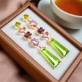Peridot earring Amethyst Long Statement Earrings: Green and purple gold Dangle earring