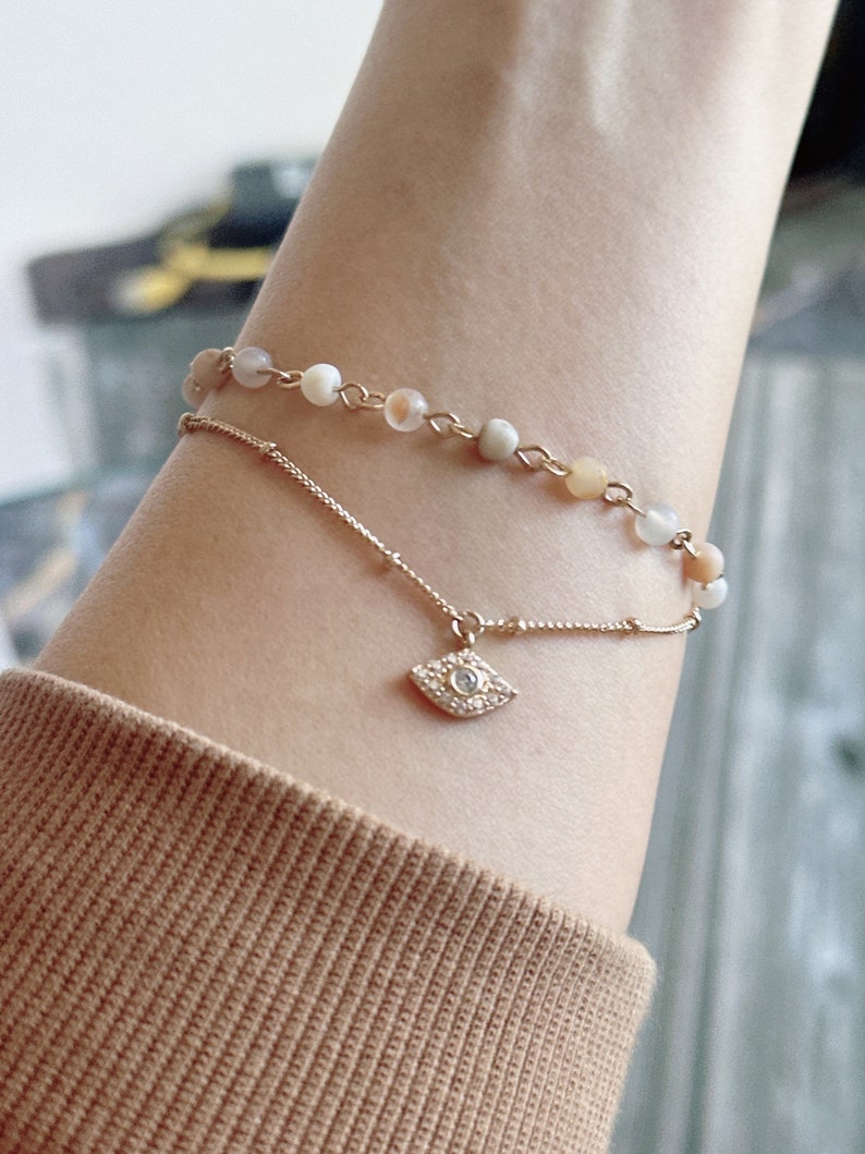 Eye charm bracelets for women, Boho Beaded stone Gold bracelet, Boho Beaded Bracelet Set, Gemstone Bracelet, Healing Bracelet gift for her image 3