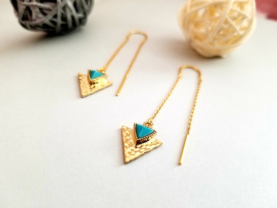 Turquoise Arrow Threader Gold Earrings / Arrow Dangle Earrings | Etsy