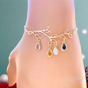 Birthstone Bracelet: Initial Charm Personalized Gifts Family Tree Necklace for Mom Birthstones Jewelry Gift