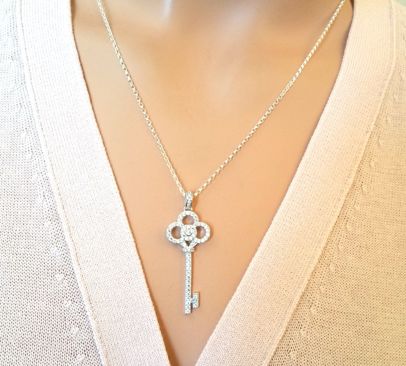 Key Necklace, CZ Key Long Necklace, Gold Key Necklace, Happy Key Necklace, CZ Key Long Necklace, Gold Key Necklace, Happy