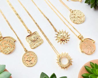 Gold Celestial Necklace: Sun, Moon, Star - Dainty Opal Eye Cham Jewelry