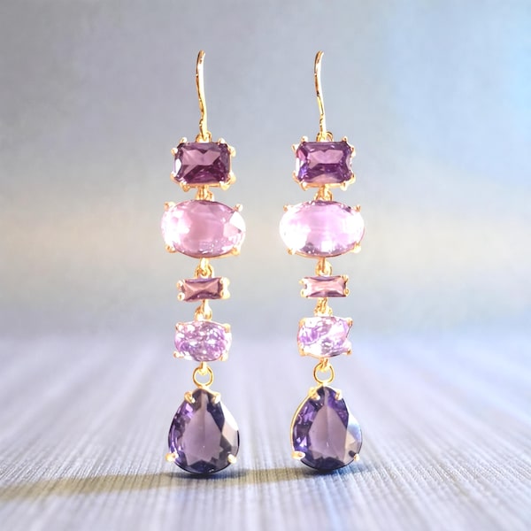 Amethyst Drop Earrings – Gold CZ Bohemian Lilac Ombre Jewelry