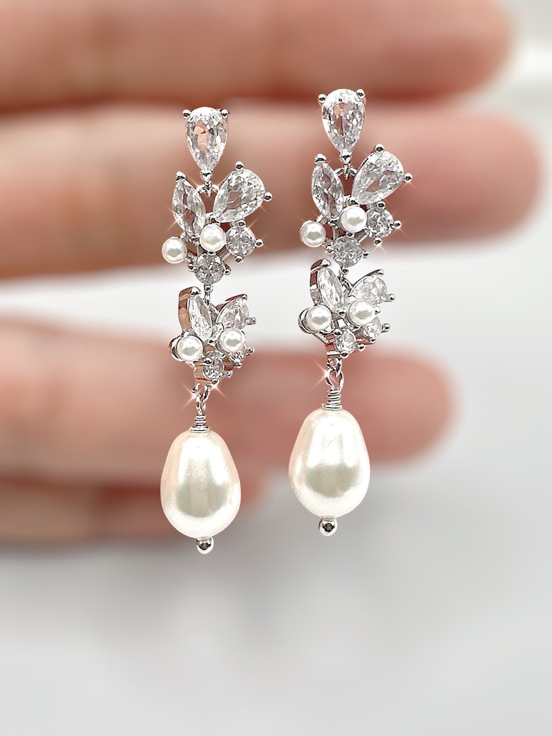 Bridal earrings Wedding jewelry Pearl earrings CZ AAA Wedding Statement Earrings, Bridal Dangle Earrings Bridal Jewelry Wedding Jewelry gift image 2