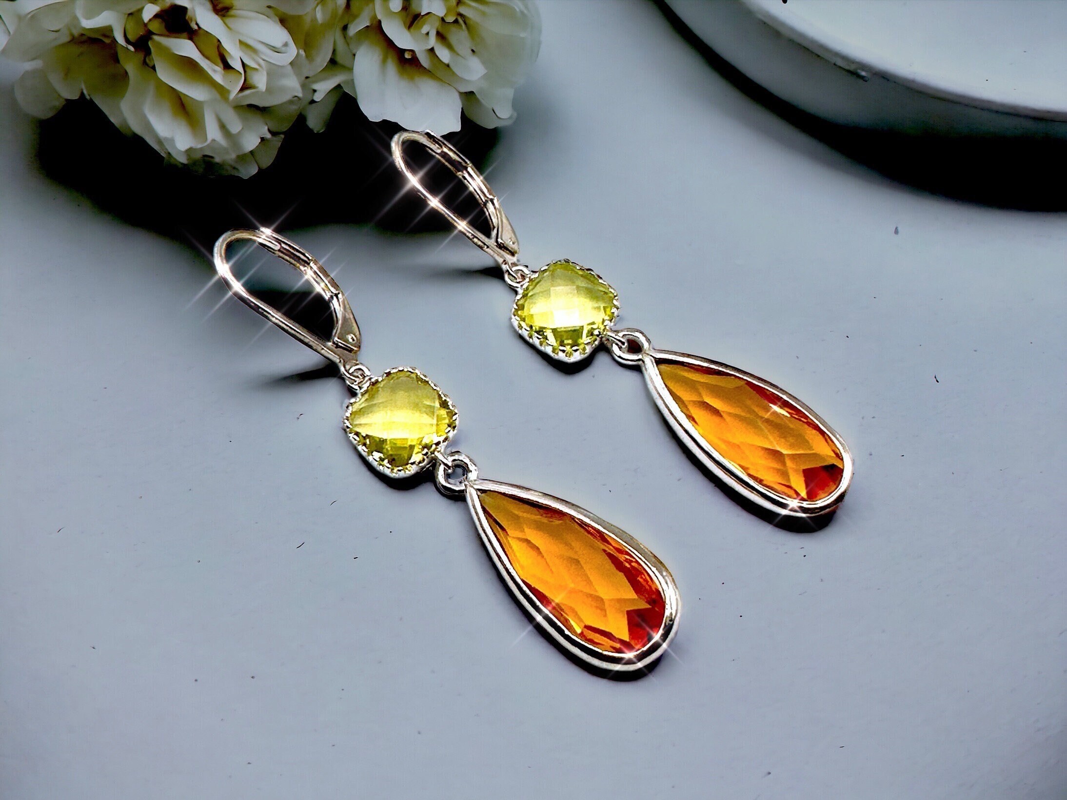 Topaz and Peridot Silver Earrings: Elegant Dangle Drop - Etsy
