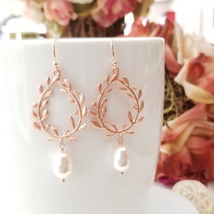 Rose Gold Laurel Wreath Earrings: Swarovski Pearl Bridal Jewelry