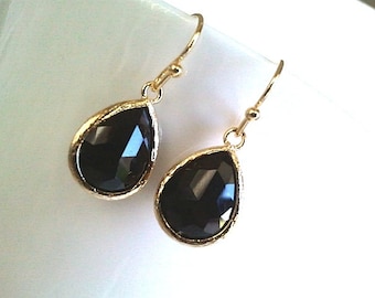 Black Onyx long teardrop Gold Earrings, Bridesmaid Jewelry Gift for Her Bridal jewelry Bridesmaid gift Maid of honor gift