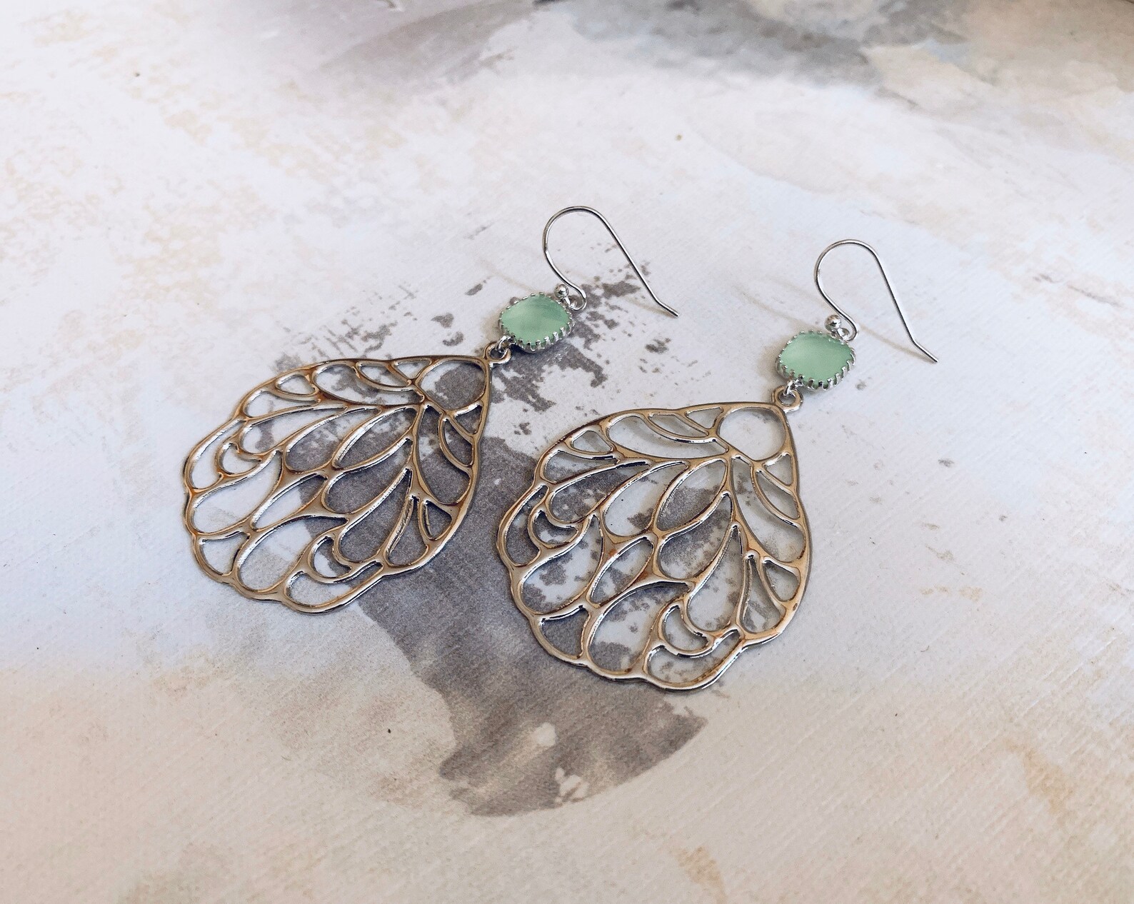 Feather Earrings Oriental Fan Style Earrings Mint Earrings Etsy