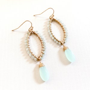 Aqua Blue Chandelier Earrings, Vintage Light Blue Dangle Earrings,Spring gold earrings, Summer beach earrings image 4