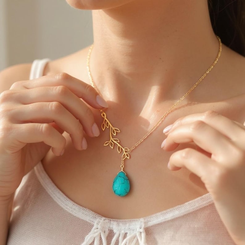 Turquoise Necklace: 14K Gold Jewelry turquoise Earrings, Leaf Bracelet, Family Tree necklaces Birthday gift image 9