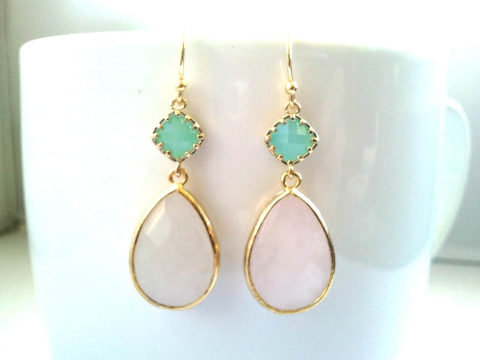 Blush Pink Earrings, Mint and Rose Quartz Earrings Bridesmaid Jewelry