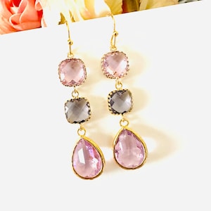 Handmade Lavender Purple Dangle Earrings: Gold Frame Glass Drop