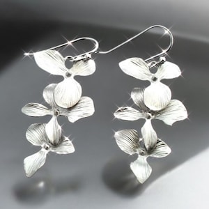 Silver Orchid Drop Earrings: Handmade Floral Jewelry