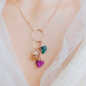 Rose Gold Triple Circle Necklace: Raw Birthstone Pendants
