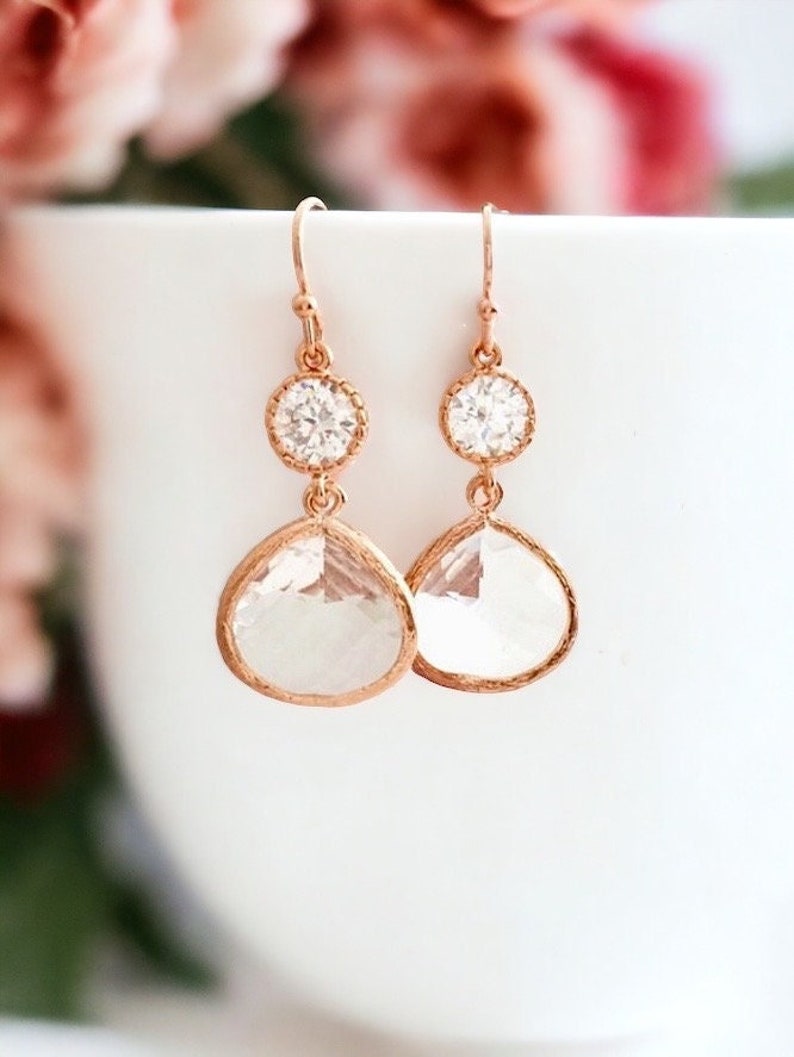 Rose gold Earrings Wedding Jewelry gift, Bridesmaid Jewelry Bridal Earrings Bridal Jewelry Bridesmaid gifts Maid of honor gift Wedding Gift image 1