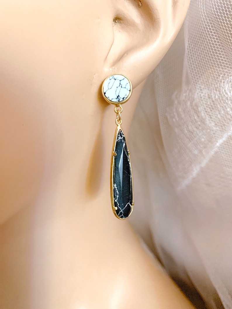 Marble Earrings Modern gold earrings Black earrings Black marble hook earrings Black gold earrings