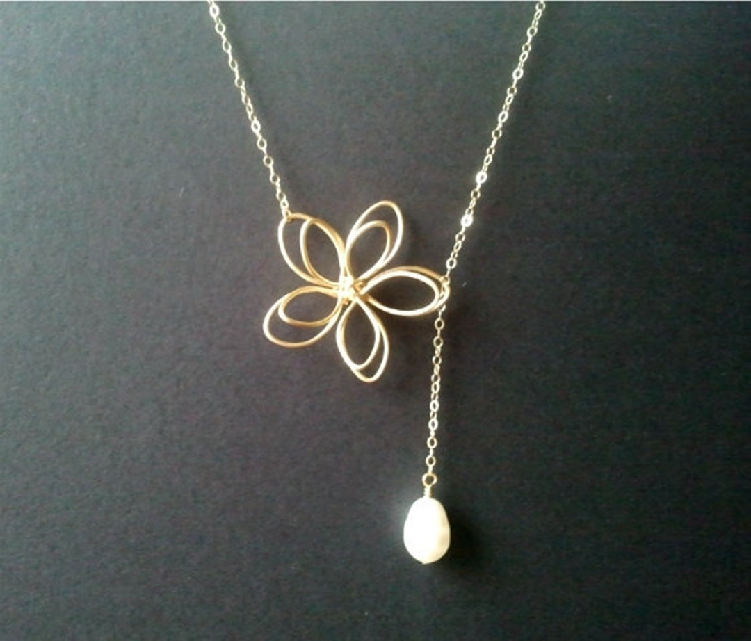 Flower With White Pearl Lariat Necklace Flower Pearl Wedding - Etsy