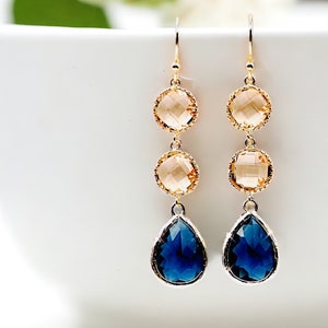 Sapphire Earrings champagne Gold Earrings Navy blue Earrings Bridal Earrings Wedding Bridesmaid Earring Mom Jewelry Mothers day gift for mom image 5