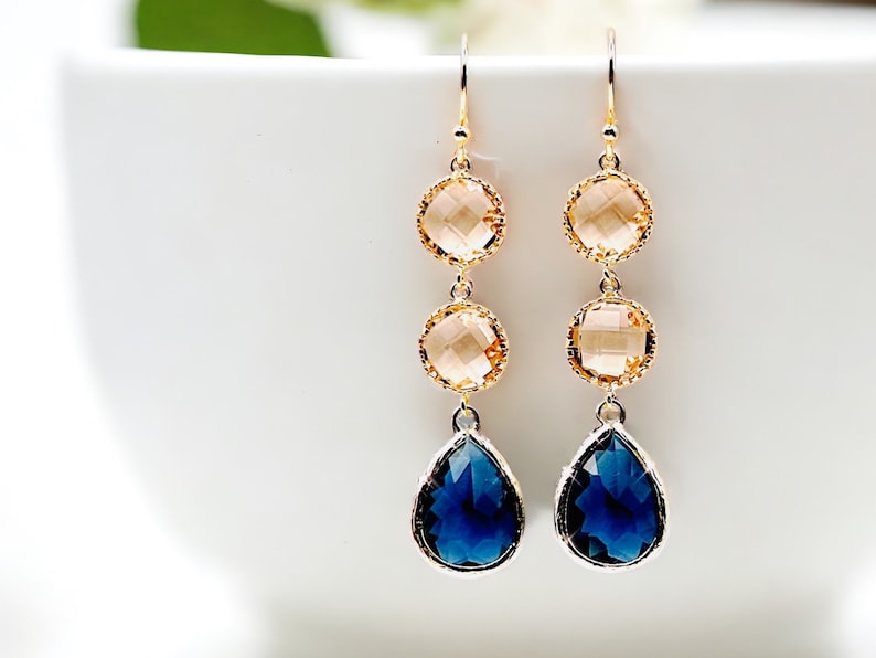 Sapphire Earrings champagne Gold Earrings Navy blue Earrings Bridal Earrings Wedding Bridesmaid Earring Mom Jewelry Mothers day gift for mom image 5