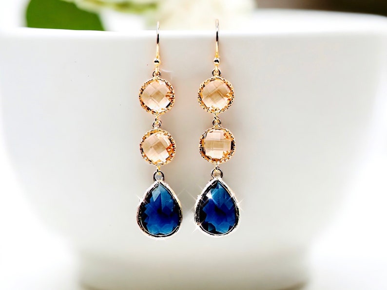 Sapphire Earrings champagne Gold Earrings Navy blue Earrings Bridal Earrings Wedding Bridesmaid Earring Mom Jewelry Mothers day gift for mom image 10