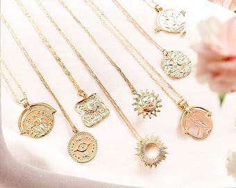 Sun and Moon Necklace Star Necklaces Rose Flower, Layered Dainty 14K Gold Celestial Jewelry