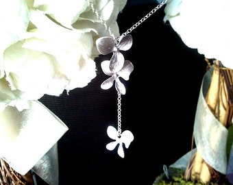 Dangling Triple Orchids Flowers Lariat Necklace -wedding jewelry