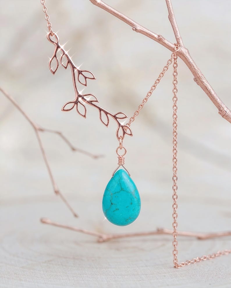 Turquoise Necklace: 14K Gold Jewelry turquoise Earrings, Leaf Bracelet, Family Tree necklaces Birthday gift image 7
