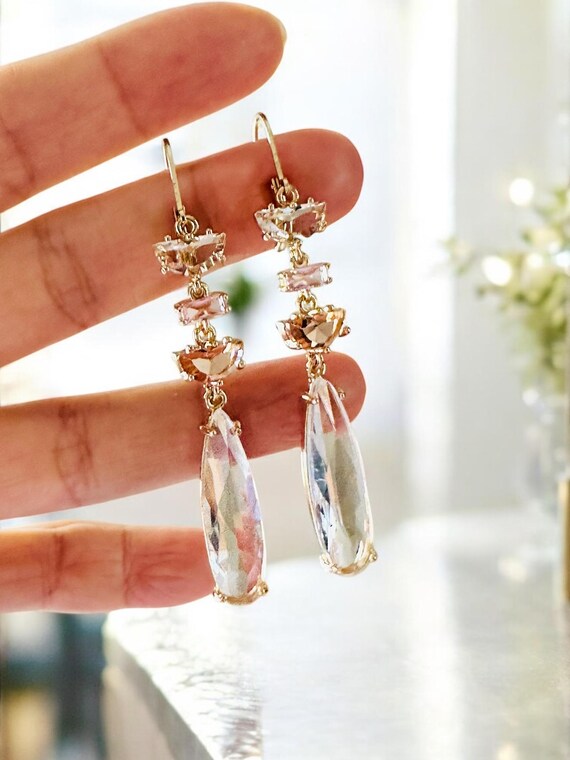 thumbnail image 2 of Rinhoo Round Crystal Tassel Drop Earrings – Gold Tone, White Crystal, Dangle Stud – Women's Wedding Jewelry 2 of 6