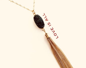 Long Gold Tassel necklace, Druzy Tassel long necklace, Long Gold Druzy Tassel necklace Personalized gift for her mothers day gifts