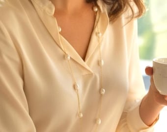 Pearl Long Necklace: Swarovski Teardrop & Round Pearls, 14k Gold Filled Chain